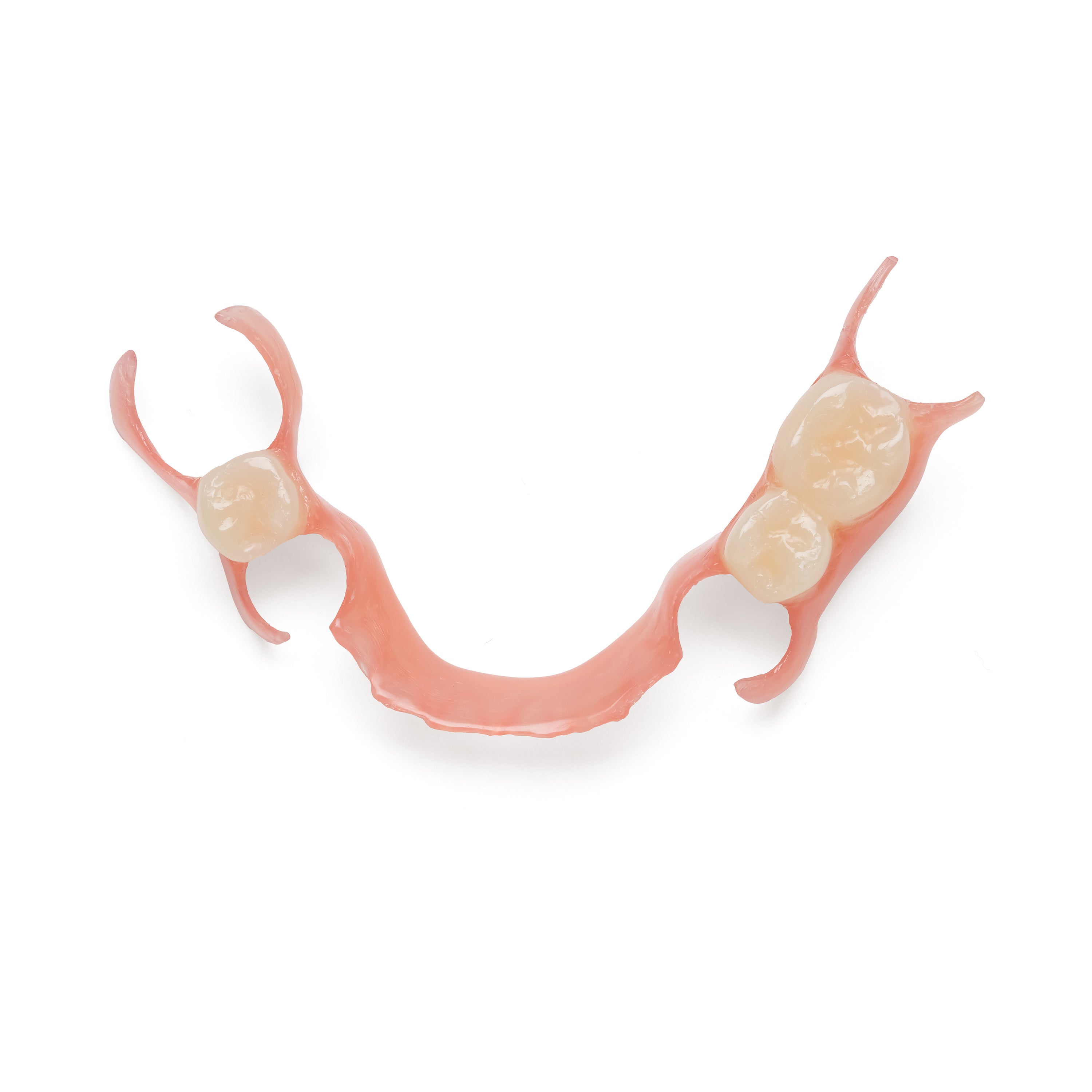 Pink and white lower partial denture with multiple teeth on a white background