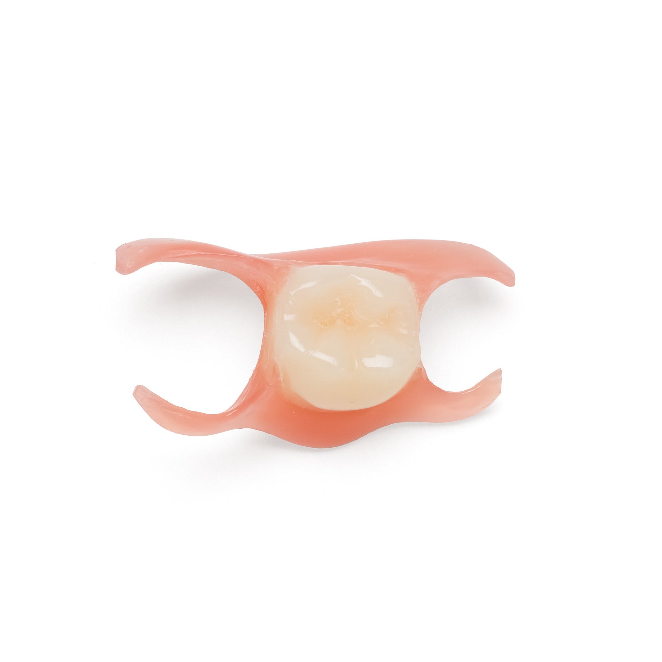 Single posterior back tooth flexible partial denture on white background.