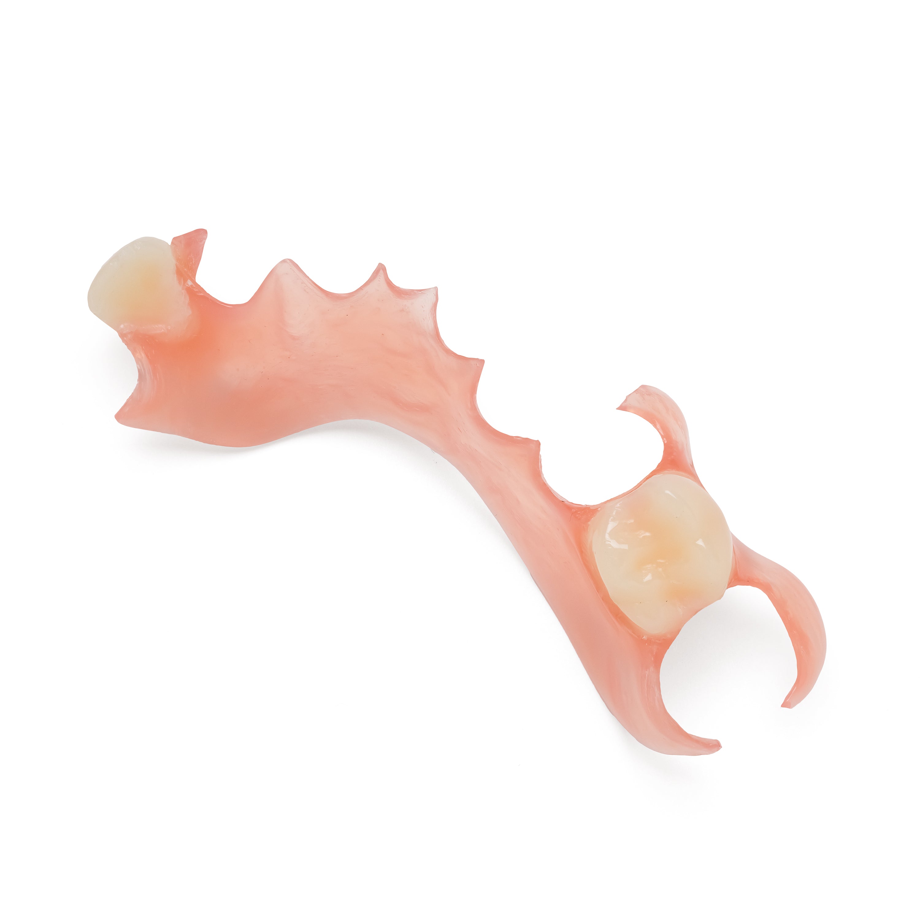 Pink and white upper partial denture with multiple teeth on a white background